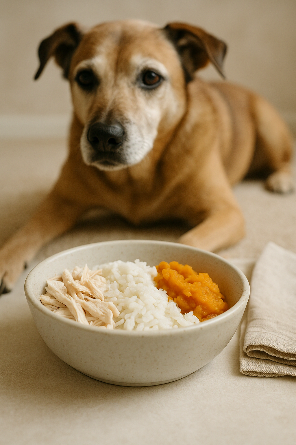 image of older dog in the kitchen with homemade meal